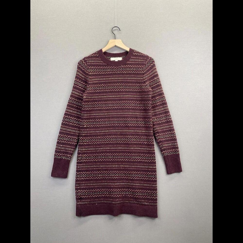 Loft Womens Red Knit Dress Midi Sweater Stripe Round Neck Long Sleeve Size Small